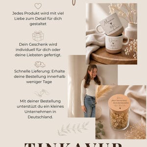May include: Promotional image with the word "Infos" at the top. It features two stacked mugs with text, a glass jar with a wooden lid, and a woman. The text on the mugs reads "Mama du bist wunderbar" and "Oma du bist wunderbar". The jar has text on the lid.