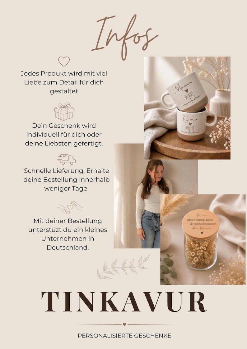 May include: Promotional image with the word "Infos" at the top. It features two stacked mugs with text, a glass jar with a wooden lid, and a woman. The text on the mugs reads "Mama du bist wunderbar" and "Oma du bist wunderbar". The jar has text on the lid.