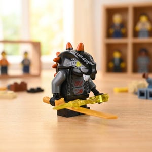 May include: A Lego Ninjago figure with a black and grey reptile head and armour, holding a translucent yellow sword. The figure has orange spikes and a white fang. Other Lego figures are in the background.