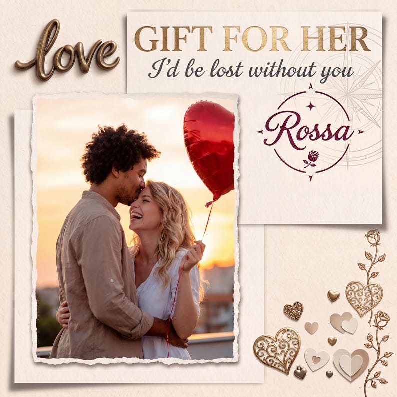 Puede incluir: Imagen rom&aacute;ntica con una pareja abraz&aacute;ndose, un globo rojo en forma de coraz&oacute;n y la palabra "love" en letras doradas. La imagen incluye el texto "REGALO PARA ELLA" y "Me perder&iacute;a sin ti."