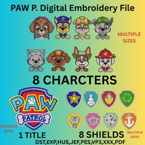 Paw Patrol digital broderifil, hunddesigner, polishundar, direkt nedladdning, flera storlekar, Dst, Jef Hus Pes och mer