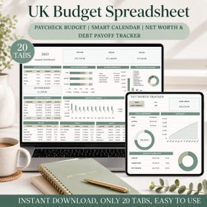 May include: A laptop and tablet display a UK budget spreadsheet with financial data, charts, and graphs. The spreadsheet includes sections for paycheck, smart calendar, net worth, and debt payoff tracking. A notebook, pen, and coffee cup are also visible.