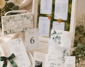 Digital Botanical Wedding Invitation Kit, Folded Invitation, Wedding Bag, Editable Menu, Table Plan, and Table Number