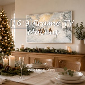 May include: A mockup of a 16:9 Frame TV displaying a winter scene with a snowy landscape and figures on horseback. The TV is mounted above a wooden cabinet decorated with candles and greenery. A Christmas tree is lit in the background.