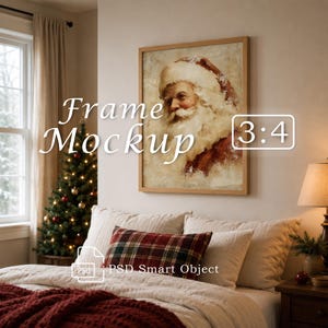 May include: A rectangular wooden frame containing a portrait of Santa Claus with a white beard and red hat, displayed on a wall above a bed. The image features the text Frame Mockup 3:4 and PSD Smart Object, showcasing a holiday-themed interior.