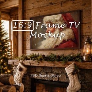 May include: A framed TV mockup featuring a painting of Santa Claus in a cozy, rustic setting. The frame is dark brown, and the image is set above a stone fireplace decorated with greenery and stockings. The text "16:9 Frame TV Mockup" is visible.