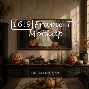 May include: A 16:9 Frame TV mockup featuring a digital display of a ghost in a witch hat, a black cat, and jack-o'-lanterns in a forest. The text 16:9 Frame TV Mockup and PSD Smart Object are visible on the screen and the dark wooden sideboard.