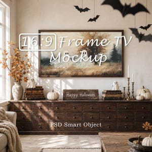 Maqueta PSD de televisor Frame, sala de estar rústica de granja, televisor Samsung Frame 16:9, decoración de Halloween, descarga digital acogedora de otoño