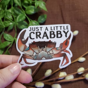 May include: A white sticker with a cartoon crab illustration and the text "Just a little Crabby".