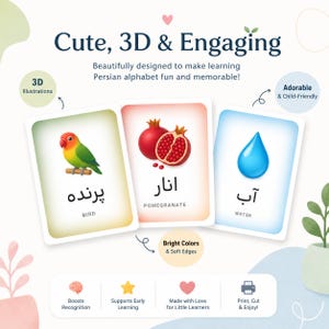 Può includere: Tre flashcard educative con illustrazioni 3D di un uccello verde, un melograno rosso e una goccia d'acqua blu. Ogni carta mostra la parola persiana corrispondente e la traduzione inglese. Il testo recita Cute, 3D & Engaging.