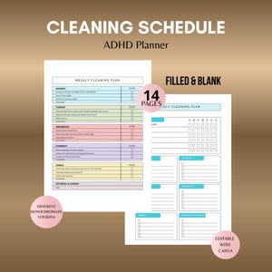 Puede incluir: Un planificador de calendario de limpieza con el texto "CLEANING SCHEDULE ADHD Planner". El planificador incluye un plan de limpieza semanal con casillas de verificación y una plantilla en blanco. La imagen también incluye el texto "14 PAGES" y "EDITABLE WITH CANVA."
