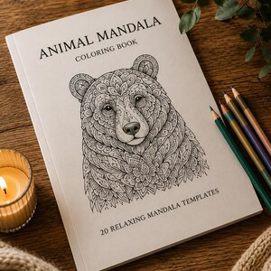 Puede incluir: Un libro para colorear titulado "Animal Mandala Coloring Book" con una ilustración detallada de un oso. El libro está abierto sobre una superficie de madera, con lápices de colores y una vela encendida cerca. El texto de la portada dice "20 Relaxing Mandala Templates".