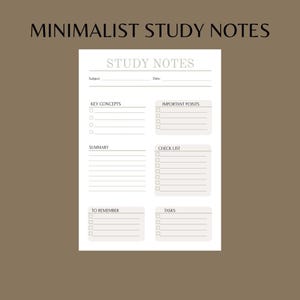Puede incluir: Una plantilla minimalista de notas de estudio con secciones para conceptos clave, puntos importantes, resumen, lista de verificación, para recordar y tareas. El texto "MINIMALIST STUDY NOTES" está en la parte superior. La plantilla está sobre un fondo marrón.
