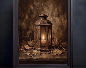 Textured Oil Painting Lantern, Rustic Fall Maple Leaves, Moody Autumn Still Life Print