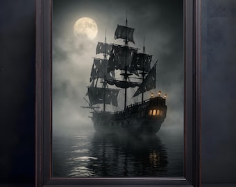 Ghost Pirate Ship Canvas Wall Art, Foggy Gothic Halloween Oil Painting, Haunted Tall Ship
