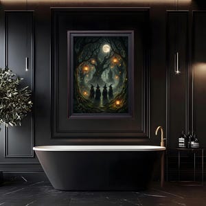 May include: A framed wall art print depicting four figures in pointed hats standing in a dark, moonlit forest with glowing lanterns hanging from twisted tree branches and a distant castle silhouette under a full moon in a night sky.