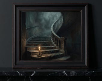 Gothic Spiral Staircase Oil Painting Print, Candlelit Castle Wall Art