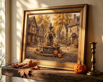 Gold Framed Tudor Village Square with Pumpkins, Warm Vintage Autumn Oil Art (8x10-24x36)
