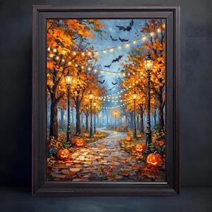 May include: A framed painting of an autumn park path at twilight, featuring glowing string lights, black lamp posts, and carved jack-o'-lanterns resting on the ground. Silhouettes of bats fly through the orange and yellow trees.