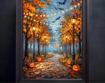 Impressionist Autumn Park Canvas Print: Orange Maple Trees, Misty Sky, Jack-o'-lanterns, String Lights