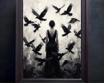 Monochrome Woman Raven Oil Painting, Gothic Dark Moody Wall Art, Surreal Witchy Poster