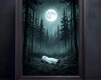 Dark Academia Ghost Forest Pond Oil Painting Print, Moody Halloween Wall Art