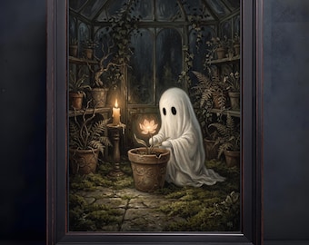 Ghost Gardening Greenhouse Oil Painting Print, Dark Cottage Halloween Wall Art (Canvas Print)