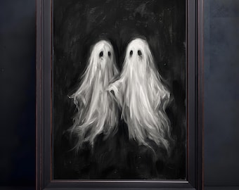 Two Friendly Ghosts Oil Painting Print, Dark Academia Halloween Wall Art (Canvas)