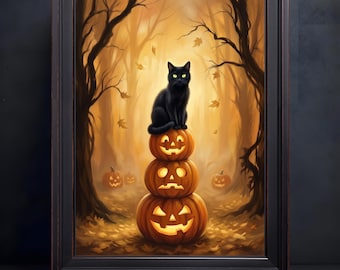 Painterly Black Cat Halloween Canvas Art, Misty Golden Forest Autumn Wall Decor