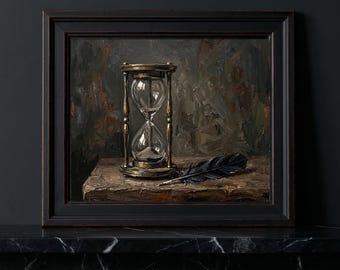 Dark Academia Hourglass Quill Oil Painting Print, Moody Still Life Wall Art (Canvas)