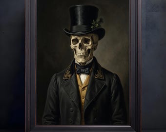 Victorian Skeleton Gentleman Canvas Art, Dark Academia Skull Portrait, Gothic Memento Mori Halloween