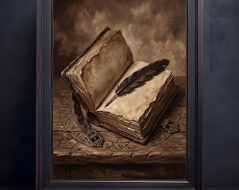 Detailed Textured Oil Painting Poster, Antique Open Book with Feather Quill on Rune Carved Table, Dark Academia Still Life Wall Art Print