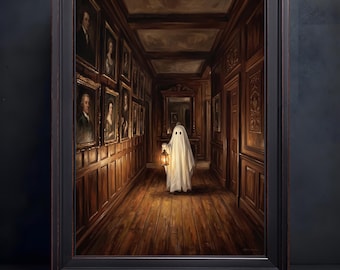 Vintage Oil Painting Ghost Lantern, Dark Academia Halloween Wall Art Print