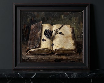 Dark Academia Oil Painting Print, Antique Book & Black Rose, Moody Gothic Library Decor