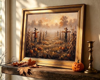 Gold Framed Scarecrows in Pumpkin Cornfield, Golden Sunset Halloween Oil Art (8x10-24x36)