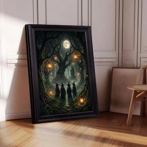 May include: A framed wall art print depicting four figures in dark cloaks and pointed hats standing in a dense, dark forest at night. The scene features a full moon, glowing hanging lanterns, and a distant stone tower amidst twisted trees.