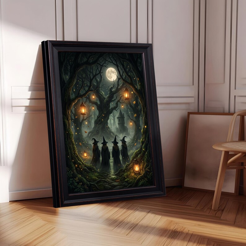 May include: A framed wall art print depicting four figures in dark cloaks and pointed hats standing in a dense, dark forest at night. The scene features a full moon, glowing hanging lanterns, and a distant stone tower amidst twisted trees.