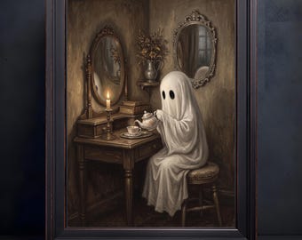Ghost Tea Party Oil Painting Print, Dark Cottage Halloween Wall Art (Canvas)