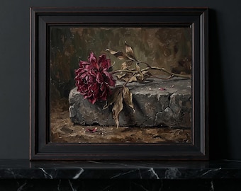 Wilted Burgundy Peony Oil Painting Print, Dark Academia Gothic Floral Still Life (Canvas)
