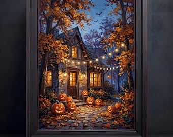 Impressionist Woodland Cottage Pumpkins Autumn Orange Blue Canvas Print Black Frame Wall Art