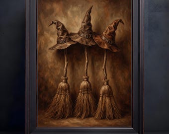 Vintage Witch Brooms Still Life Oil Painting, Dark Academia Halloween Wall Art