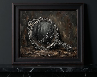 Cracked Antique Hand Mirror Print, Dark Academia Gothic Still Life (Framed or Unframed)