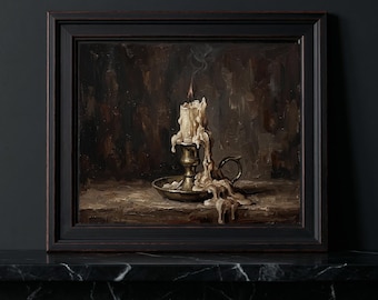 Dark Academia Oil Painting Print, Vintage Brass Candlestick, Melted Wax Still Life (Canvas Art)