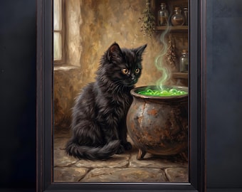 Black Kitten Cauldron Oil Painting Print, Witch Cottage Halloween Wall Art (Canvas)