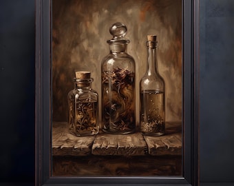 Textured Oil Painting Poster, Apothecary Jars, Dried Herbs, Dark Moody Still Life Wall Art