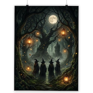 May include: A digital illustration of four figures in dark cloaks and pointed hats standing in a forest at night. The scene features a full moon, glowing hanging lanterns, scattered fireflies, and a stone tower in the distance among dark trees.