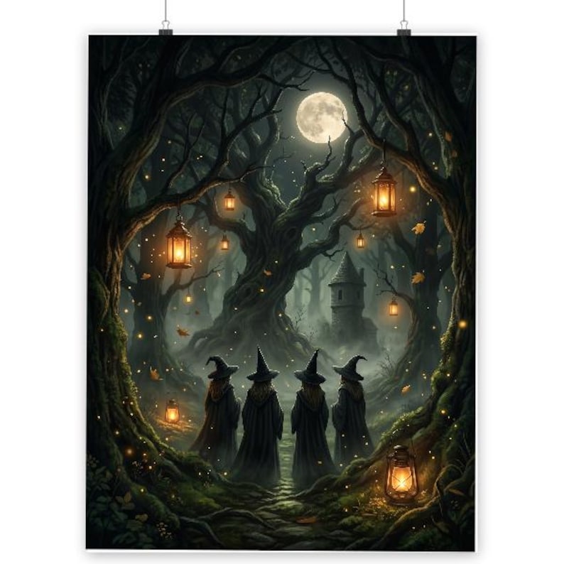 May include: A digital illustration of four figures in dark cloaks and pointed hats standing in a forest at night. The scene features a full moon, glowing hanging lanterns, scattered fireflies, and a stone tower in the distance among dark trees.