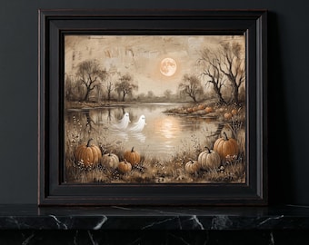 Vintage Halloween Ghost Lake Print | Autumn Pumpkin Landscape (Canvas Wall Art)