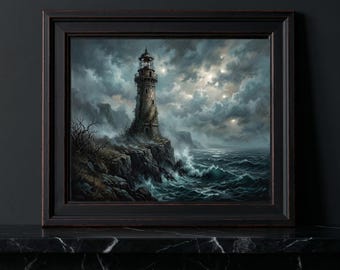 Gothic Abandoned Lighthouse Oil Painting Print, Stormy Coastal Wall Art
