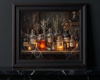 Victorian Gothic Apothecary Shelf Herbs Umber Orange Canvas Print Study Witchy Dark Academia